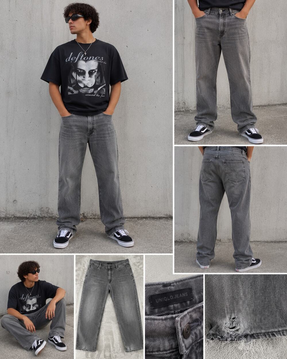 Uniqlo Gray Washed Carpenter Style Jeans Distressed Hem Men's 34x27